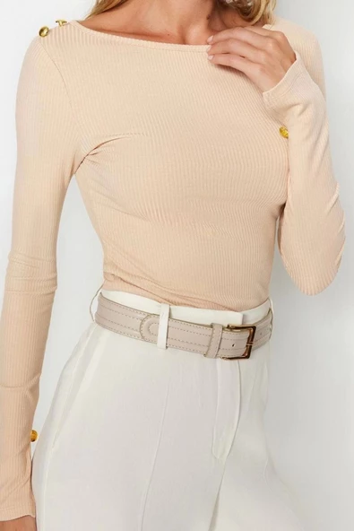 Moda Kayık Yaka Örme Regular Düz Desen Resmi Regular Uzun Kol Bluz