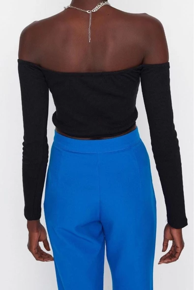 Moda Carmen Yaka Örme Slim Düz Desen Casual Günlük Super Crop Uzun Kol Bluz - 5