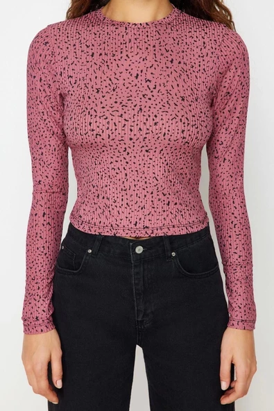 Moda Bisiklet Yaka Örme Puantiyeli Desen Casual Günlük Crop Uzun Kol Bluz