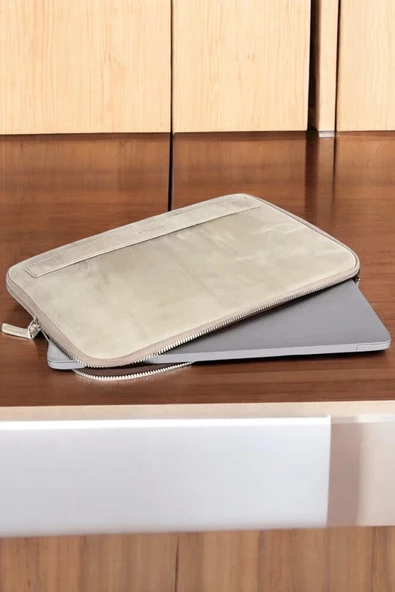 Macbook Air Pro 13 & 13.3 İnç Hakiki Deri Bej Laptop Kılıfı - 3