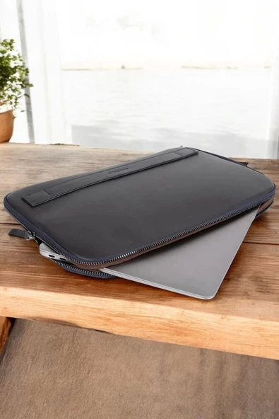 Macbook Air Pro 13 & 13.3 İnç Hakiki Deri Lacivert Laptop Kılıfı - 3