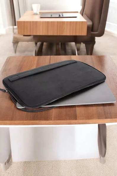 Macbook Air Pro 13 & 13.3 İnç Hakiki Deri Siyah Laptop Kılıfı - 3