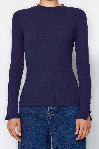 Moda Dik Yaka Örme Slim Düz Desen Casual Günlük Regular Uzun Kol Bluz