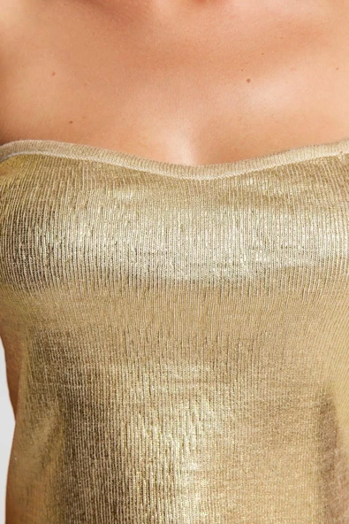 Moda Kare Yaka Triko Slim Varaklı Desen Şık gece Crop Kolsuz Bluz - 5