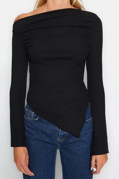 Moda Kayık Yaka Örme Slim Düz Desen Casual Günlük Uzun Uzun Kol Bluz