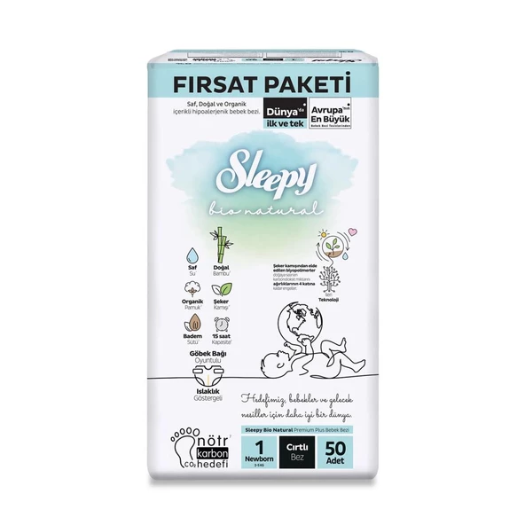 Sleepy Bio Natural Bebek Bezi Fırsat Paketi 1 Beden 50 Adet