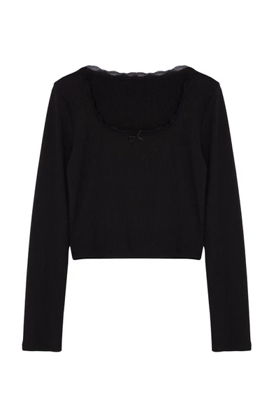 Moda Havuz Yaka Örme Slim Düz Desen Casual Günlük Crop Uzun Kol Bluz
