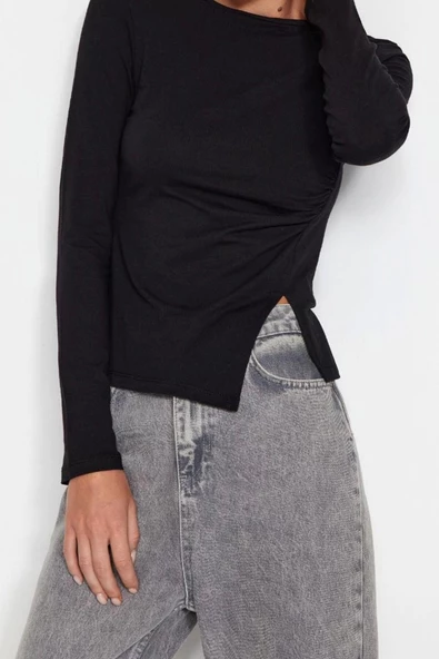 Moda Bisiklet Yaka Örme Slim Düz Desen Casual Günlük Regular Uzun Kol Bluz - 3