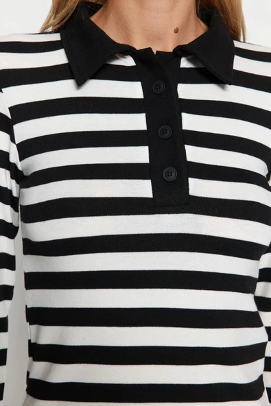 Moda Polo Yaka Örme Slim Çizgili Desen Casual Günlük Regular Uzun Kol Bluz - 5