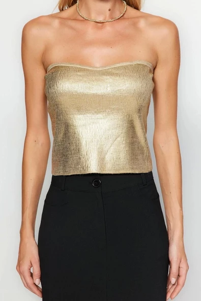 Moda Kare Yaka Triko Slim Varaklı Desen Şık gece Crop Kolsuz Bluz