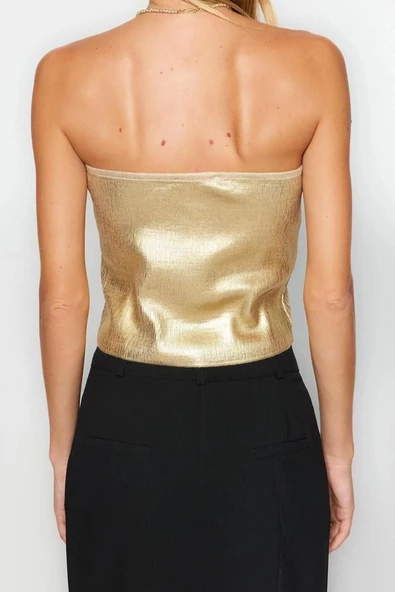 Moda Kare Yaka Triko Slim Varaklı Desen Şık gece Crop Kolsuz Bluz - 6