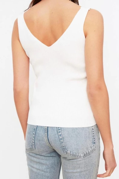 Moda V Yaka Triko Regular Düz Desen Casual Günlük Regular Askılı Kol Bluz - 5