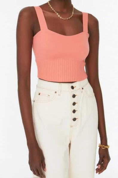 Moda Kare Yaka Triko Slim Düz Desen Casual Günlük Crop Askılı Kol Bluz