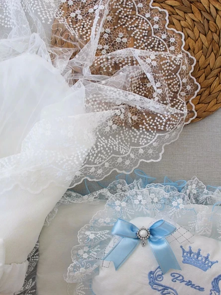 Yenidoğan Nil Taç Nakışlı Kundaklı Trilüks 3lü Alt Açma Seti Mavi - 5