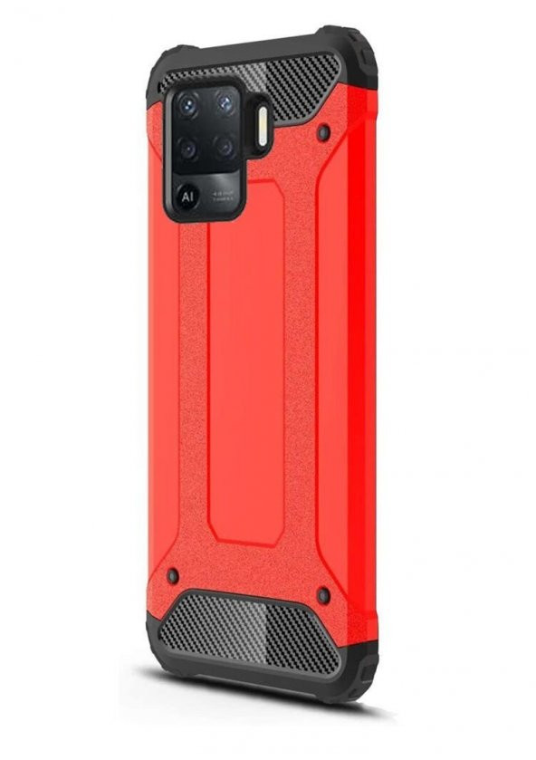 KNY OPPO Reno 5 Lite Kılıf Çift Katmanlı Armour Case Kırmızı