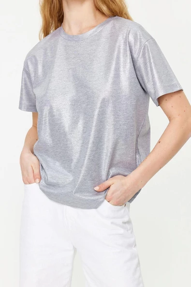 Moda Bisiklet Yaka Örme Regular Baskılı Desen Casual Günlük Regular Kısa Kol Bluz