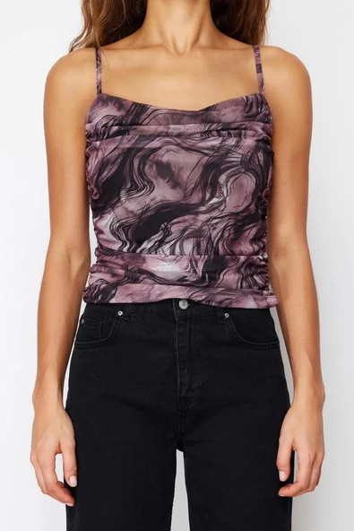 Moda Degaje Yaka Örme Slim Soyut Desen Casual Günlük Crop Askılı Kol Bluz