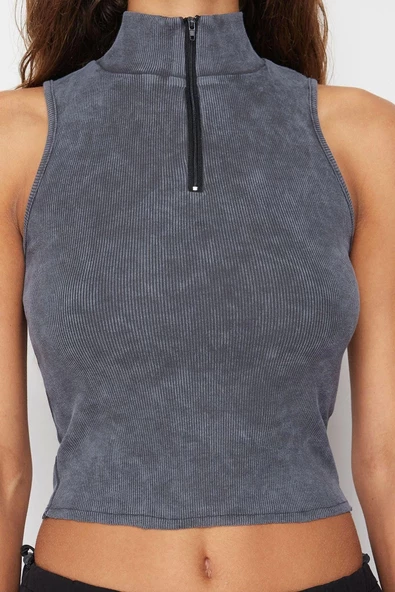 Moda Halter Yaka Örme Slim Düz Desen Casual Günlük Crop Kolsuz Bluz