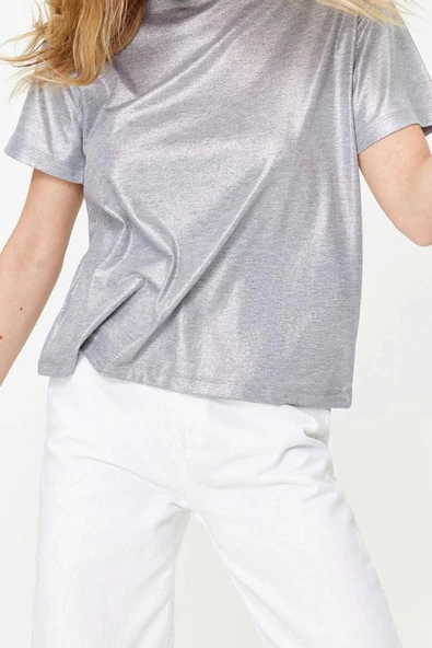 Moda Bisiklet Yaka Örme Regular Baskılı Desen Casual Günlük Regular Kısa Kol Bluz - 2