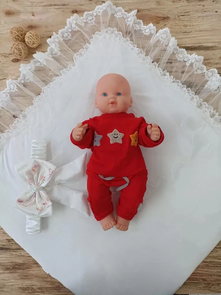 Yenidoğan Hanımeli Desenli Taç Nakışlı Delüks Kundak Bebek Battaniyesi Ekru - 3