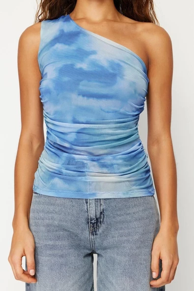 Moda Asimetrik Yaka Örme Slim Soyut Desen Casual Günlük Regular Kolsuz Bluz