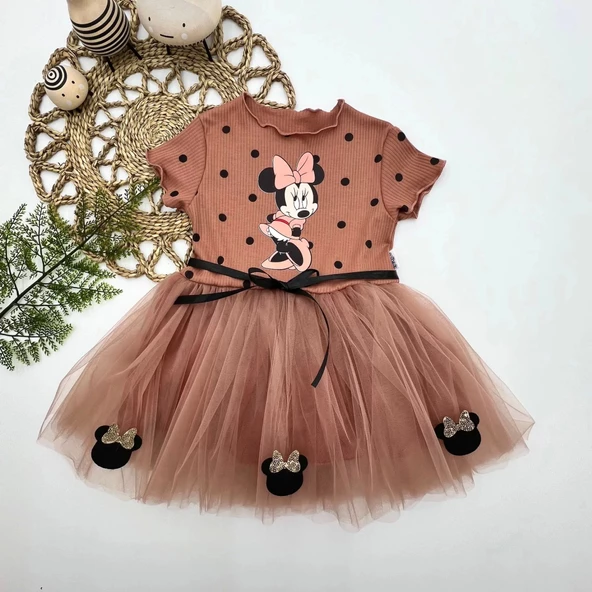 2-3-4 Yaş Puantiyeli Mickey Baskılı Kurdela Kuşaklı Astarlı Kız Bebek Tütü Elbisesi Kahverengi