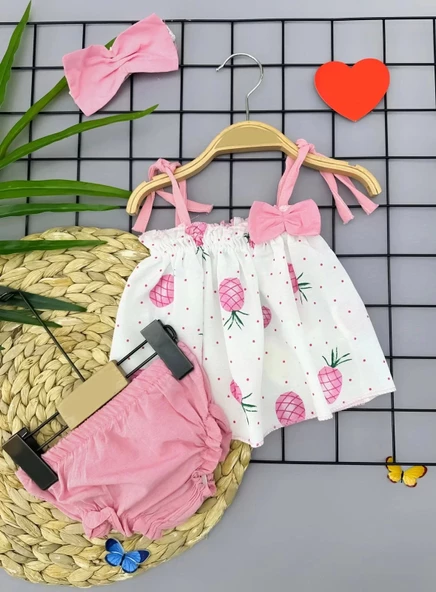 3-6-9-12 Ay Bandajlı Ve Kilotlu Ananas Desenli Askılı 3lü Kız Bebek Elbisesi Pembe