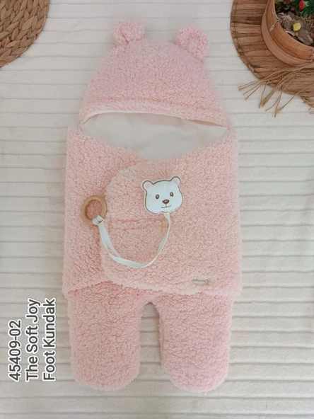 Yenidoğan Kulaklı Şapkalı Açılır Kucaklı Cırt Kapamalı Ayaklı Bebek Battaniyesi Kundak Pembe