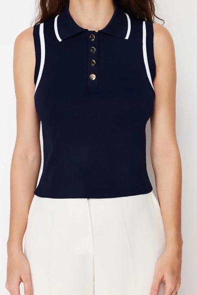 Moda Polo Yaka Triko Regular Renk Bloklu Desen Casual Günlük Regular Kolsuz Bluz
