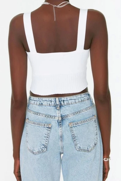 Moda Kare Yaka Triko Slim Düz Desen Casual Günlük Crop Askılı Kol Bluz - 5
