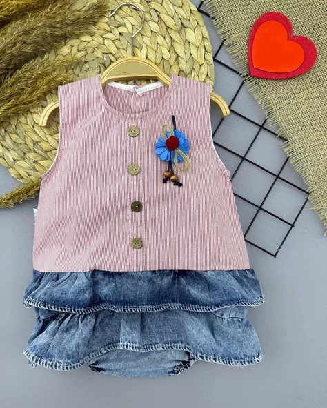 6-9-12-18 Ay Gül Rozet Detaylı Kot Kilotlu Etek Kız Bebek Elbisesi Gül Kurusu