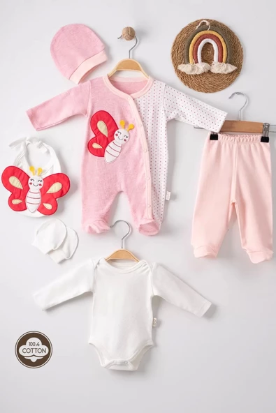 Kelebek Nakışlı Puanlı Tulumlu % 100 Pamuk Kız Bebek 5'li Set