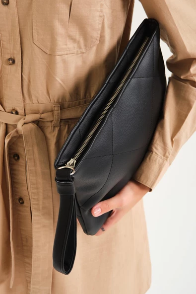 Kadın Astarlı Siyah Deri Clutch Çanta El Çantası Portföy - 3