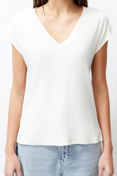 Moda V Yaka Örme Slim Fit Düz Desen Casual Günlük Regular Kısa Kol Bluz