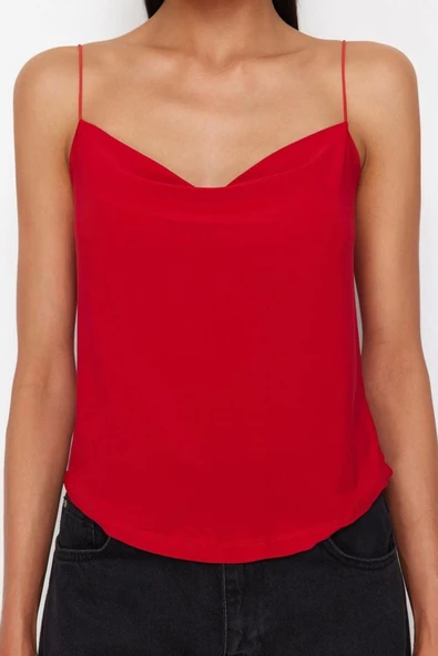Moda Degaje Yaka Örme Regular Düz Desen Casual Günlük Regular Askılı Kol Bluz
