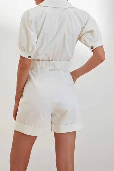 Kadın Moda Balon Kol Boru Paça Gömlek Yaka Kısa Kemerli Gömlek Yaka Gabardin Mini Dokuma Tulum - 4