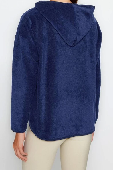 Tarz Bol Kapüşonlu Düşük Kol Uzun Kalın Polar ve Fermuarlı Geniş Kalıp Örme Sweatshirt - 5