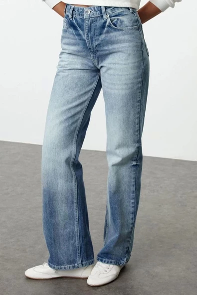 Stil Kadın Moda Denim Kot Pantolon Uzun Geniş Paça Mavi Yüksek Bel Jeans