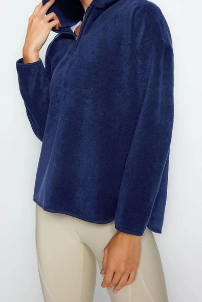 Tarz Bol Kapüşonlu Düşük Kol Uzun Kalın Polar ve Fermuarlı Geniş Kalıp Örme Sweatshirt - 4