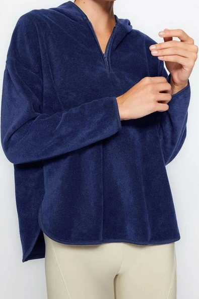 Tarz Bol Kapüşonlu Düşük Kol Uzun Kalın Polar ve Fermuarlı Geniş Kalıp Örme Sweatshirt - 3