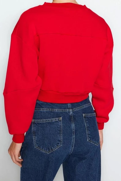 Bisiklet Yaka Düşük Kol Kalın İçi Polarlı Dikiş Detaylı Normal Kalıp Örme Sweatshirt - 5