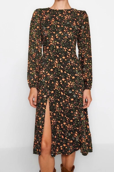 Moda Yırtmaçlı Casual Günlük Shally Dokuma Bisiklet Yaka Uzun Kol A-Line Midi Boy Elbise