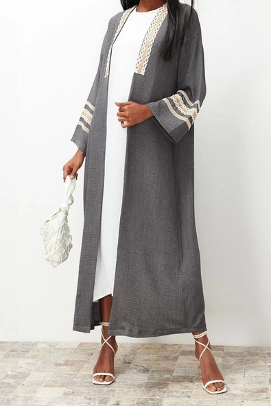 Moda Dokuma Rahat Kalıp Uzun V Yaka Düşük Kol Crinkle Basic Renk Bloklu Tesettür Giyim Kimono Kaftan - 2