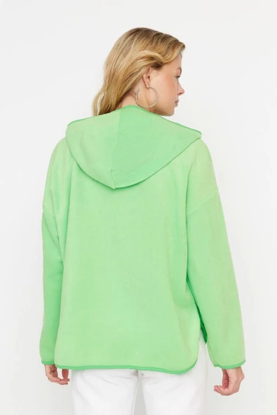 Tarz Bol Kapüşonlu Düşük Kol Uzun Kalın Polar ve Fermuarlı Geniş Kalıp Örme Sweatshirt - 5