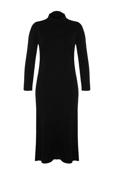 Moda Fit Casual Günlük Ribana Kaşkorse Triko Dik Yaka Uzun Kol Shift Maxi Boy Tesettür Elbise - 6