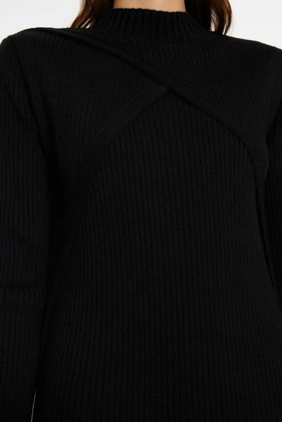 Moda Fit Casual Günlük Ribana Kaşkorse Triko Dik Yaka Uzun Kol Shift Maxi Boy Tesettür Elbise - 4