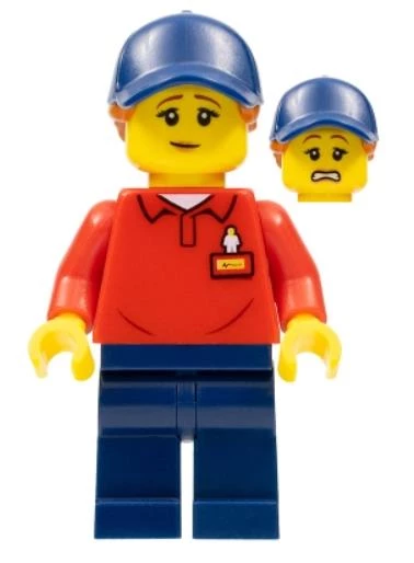 Lego Minifigür - Legoland Park Worker Female with Dark Blue Hat and Dark Orange Ponytail, Red Polo Shirt with 'LEGOLAND' on Back and Dark Blue Legs llp011