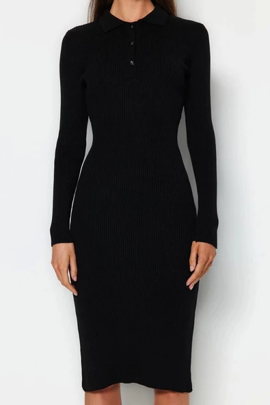 Moda Slim Casual Günlük Fitilli Triko Polo Yaka Uzun Kol A-Line Midi Boy Elbise