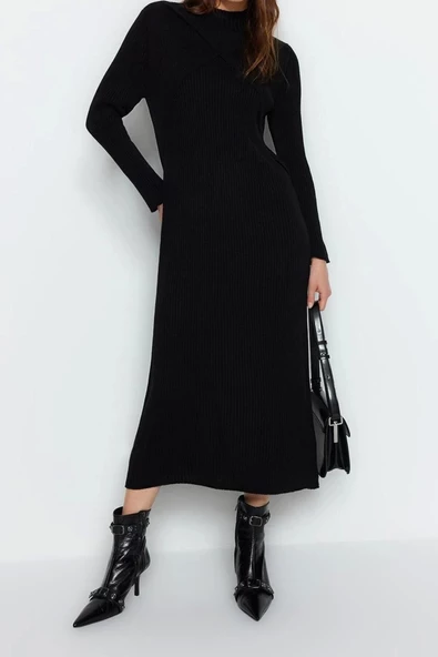 Moda Fit Casual Günlük Ribana Kaşkorse Triko Dik Yaka Uzun Kol Shift Maxi Boy Tesettür Elbise - 3
