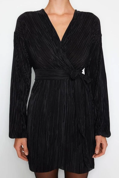 Moda Rahat Mezuniyet Balo Pilise Örme Kruvaze Uzun Kol Skater Mini Boy Elbise - Resim 7